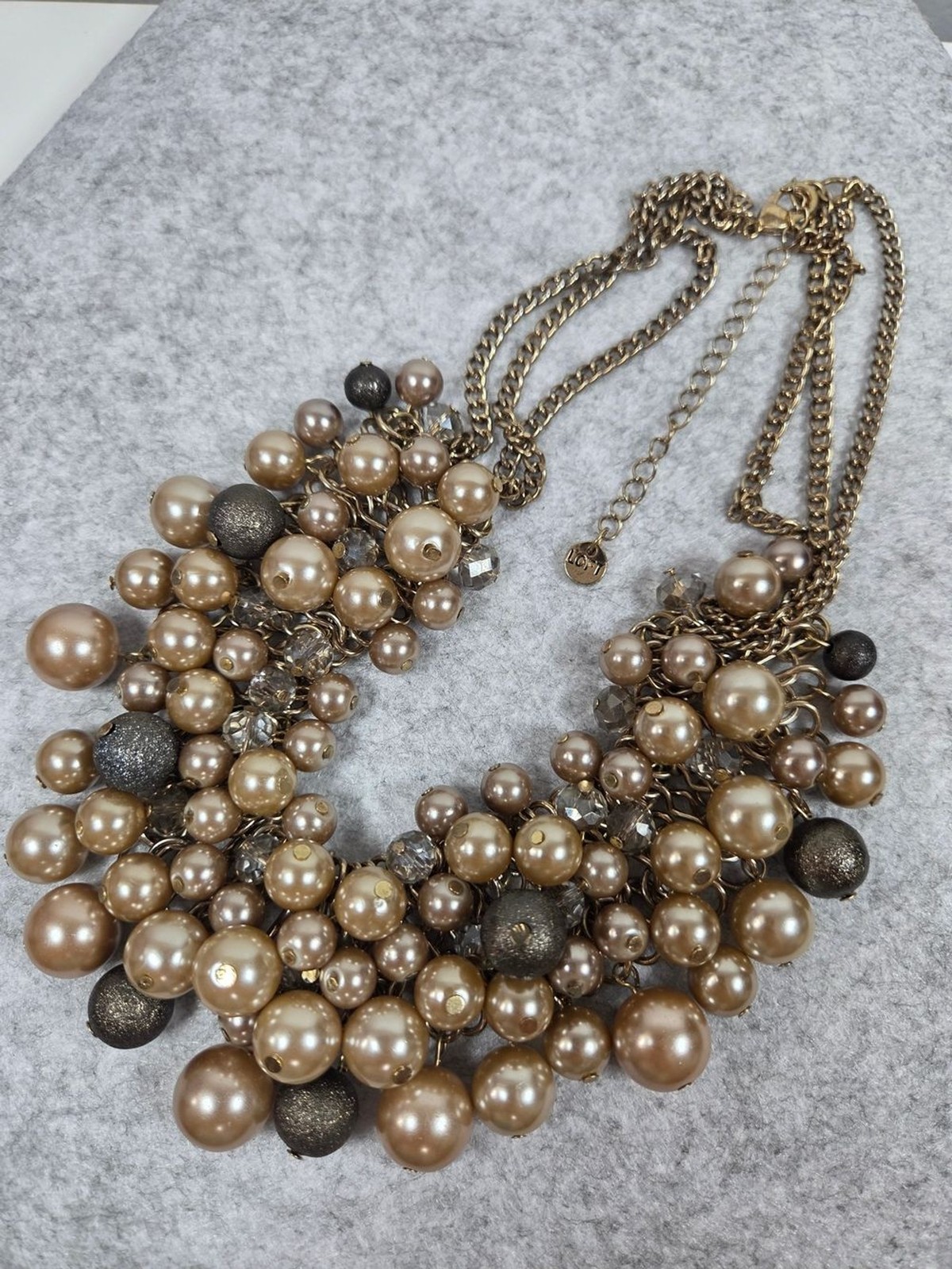 LOFT Chunky Faux Pearl & Chain Cluster Statement Bib Necklace Gold Tone