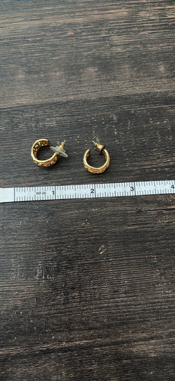 Gold Tone Textured Round Hoop Post Back Earrings Metal 0.5 in