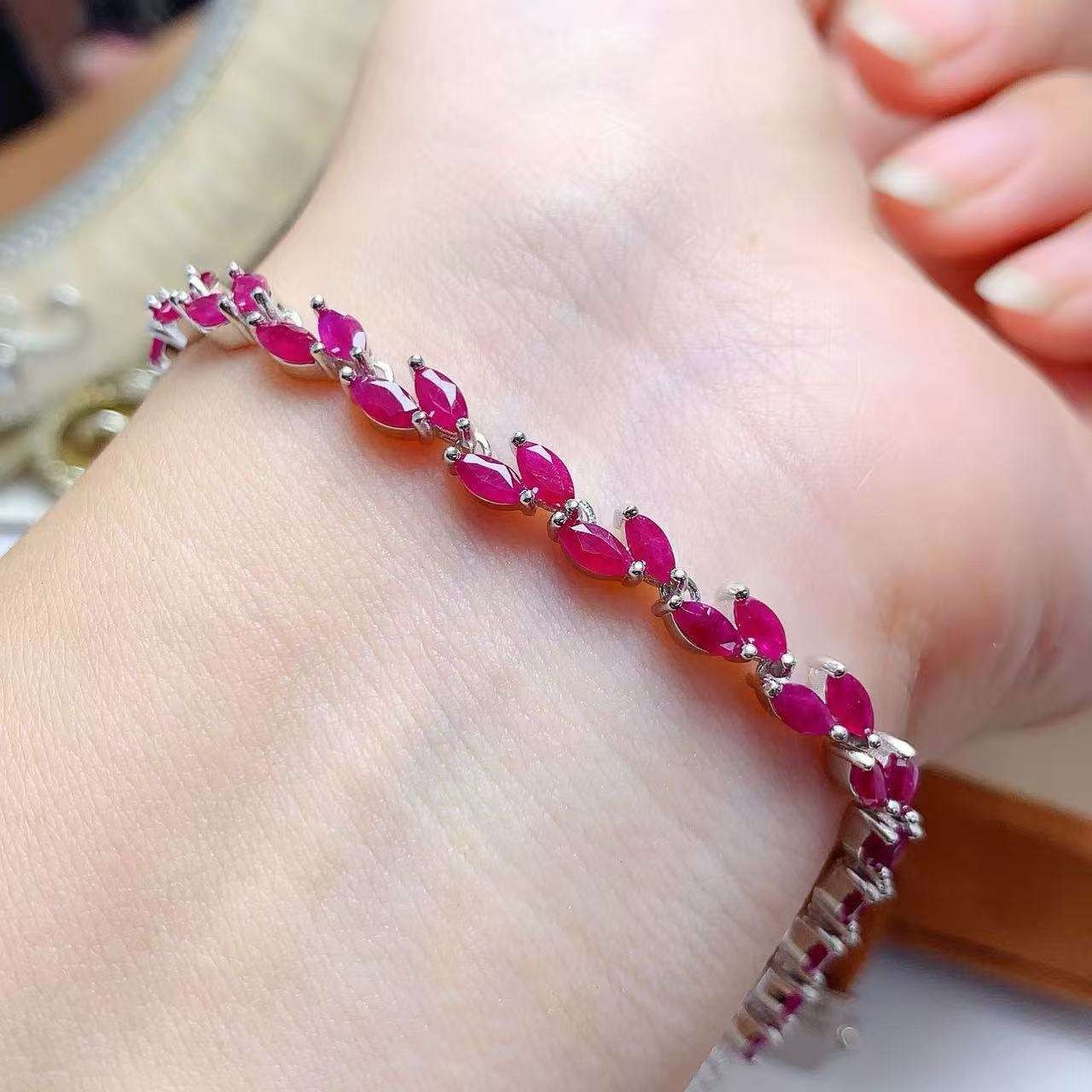 Ruby Red Marquise Cut Tennis Bracelet Silver Tone Crystal Link Bracelet Women