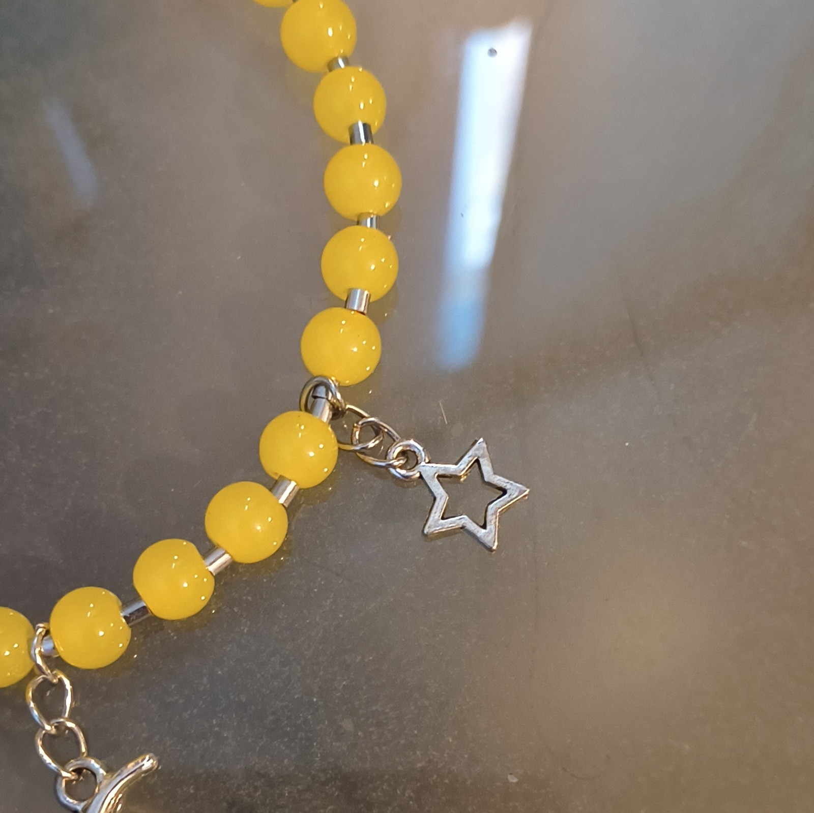 Yellow Beaded Charm Bracelet Sun Moon Star Dangles, Slide Closure Silver