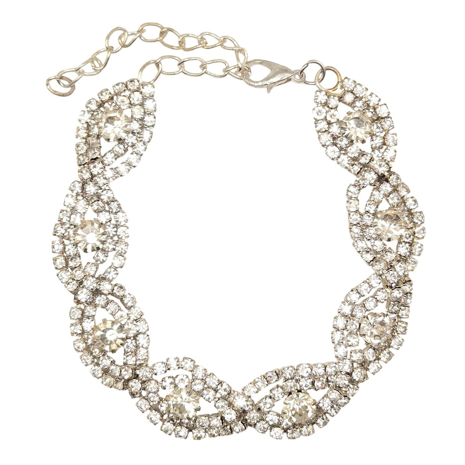 Silver Tone Rhinestone Marquise Link Adjustable Bracelet Clear Crystal Wedding