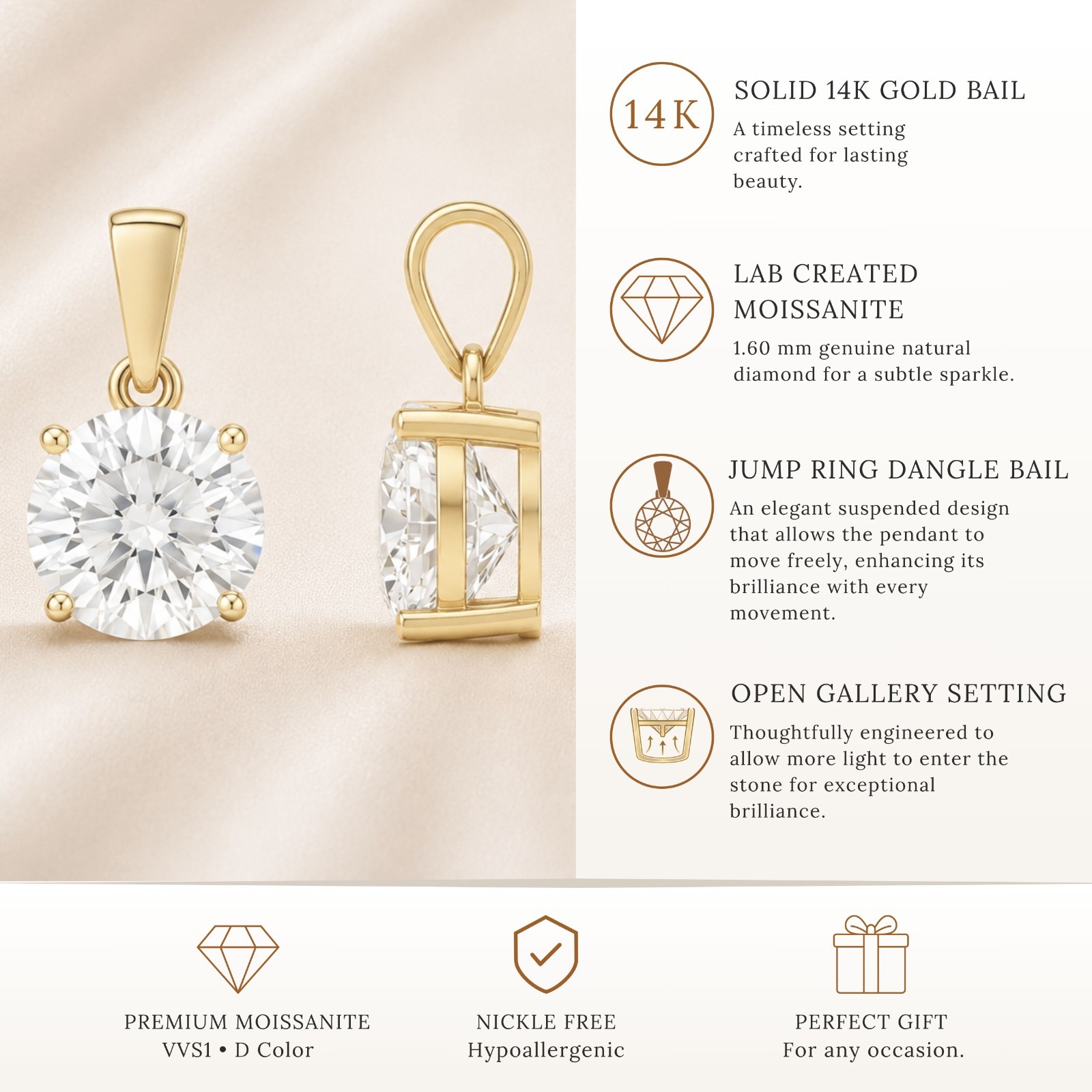 14K Gold Round Cut Moissanite Solitaire Pendant Only – Dangle Bail
