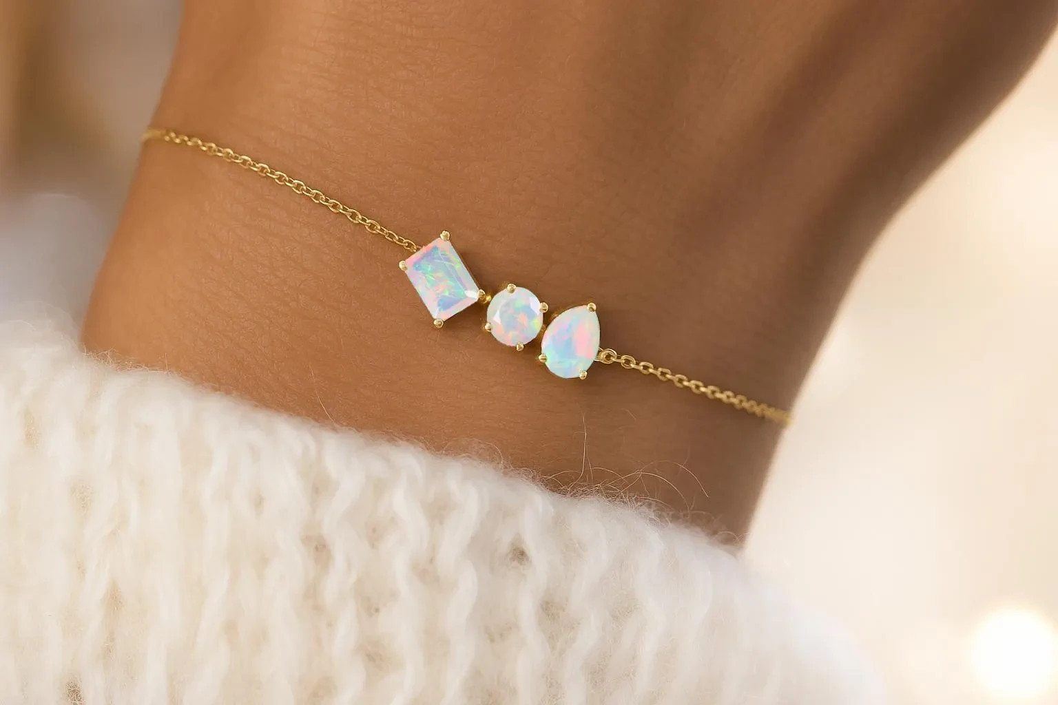Ethiopian White Three Stone Gold Chain Bracelet, 925 Sterling Silver Layering Br