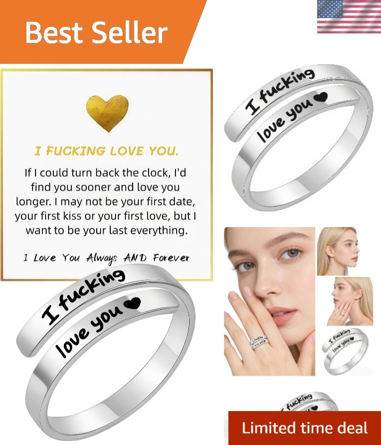 I Fcking Love You Ring, Stainless Steel Engraved Inspirational Words Heart Open