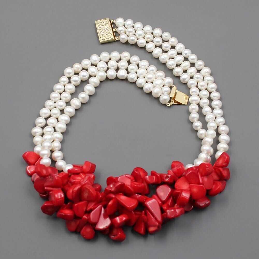 3 Rows Red Coral Natural White Keshi Round Pearl Necklace Handmade For Lady Gift