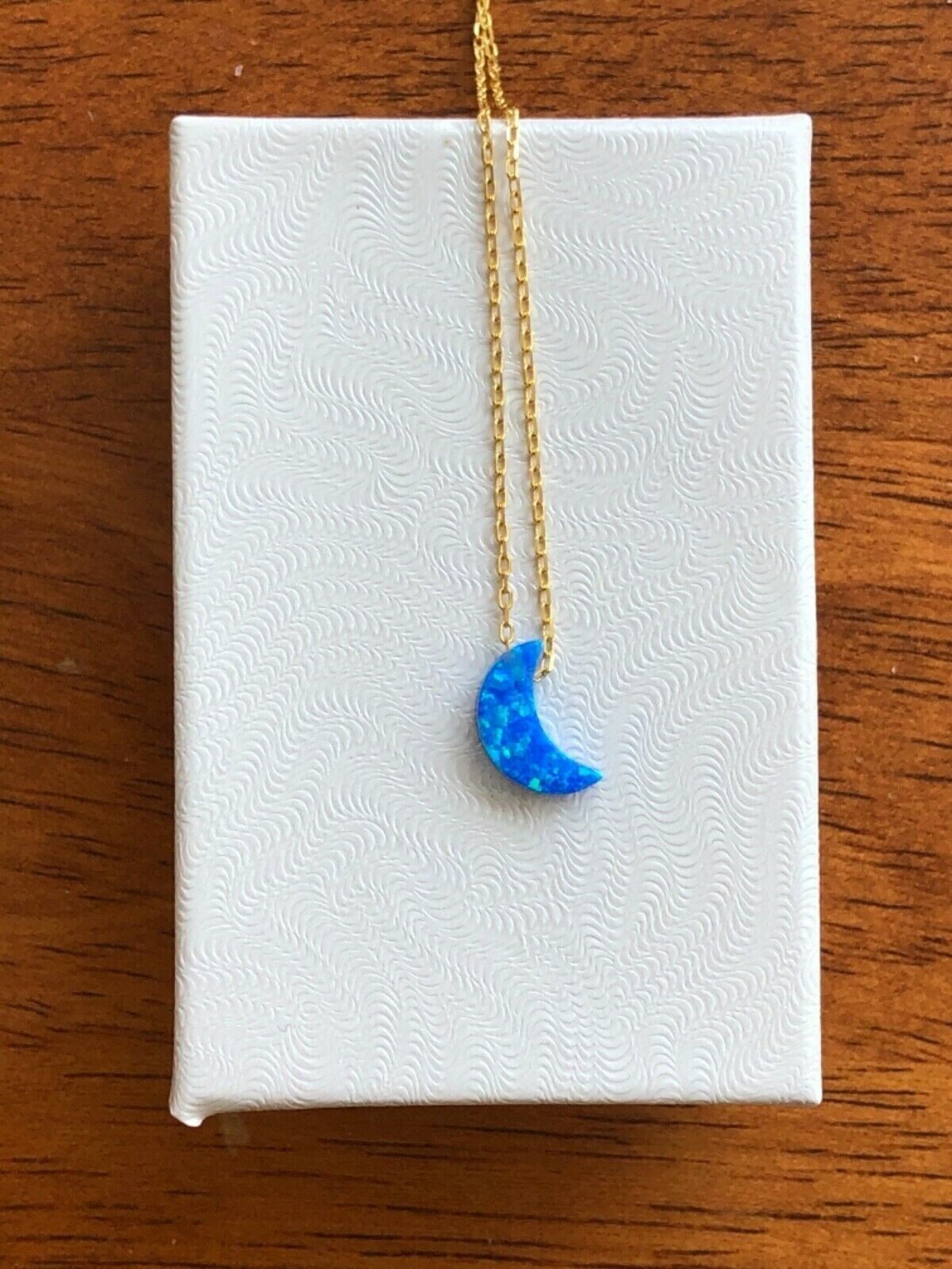 925 Sterling Silver Blue Opal Moon Pendant Gold Necklace Women Girls 10mm 16-18″