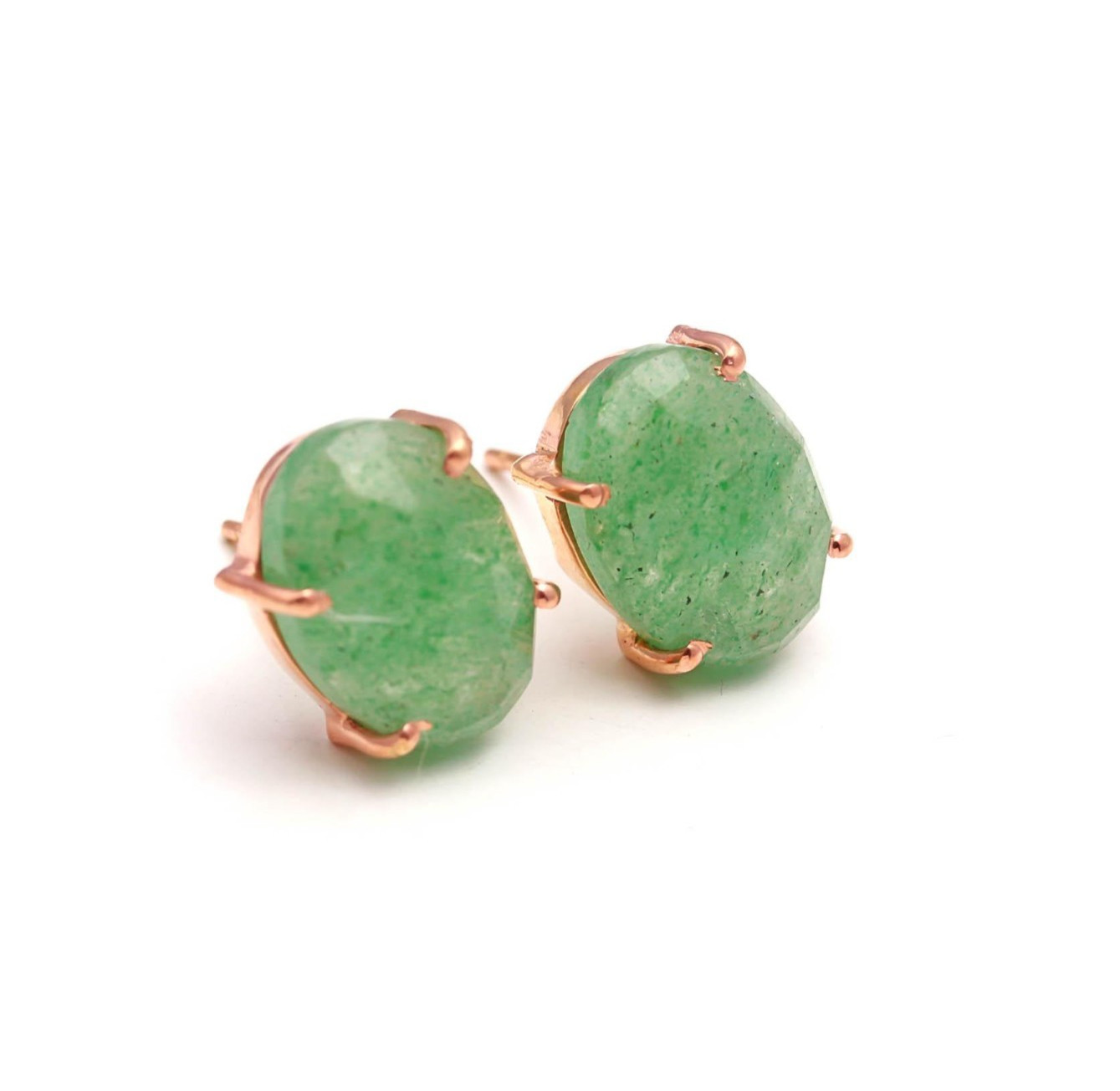 Natural Green Strawberry Oval Stud Earrings Rose Gold Fill Solid Silver Jewelry