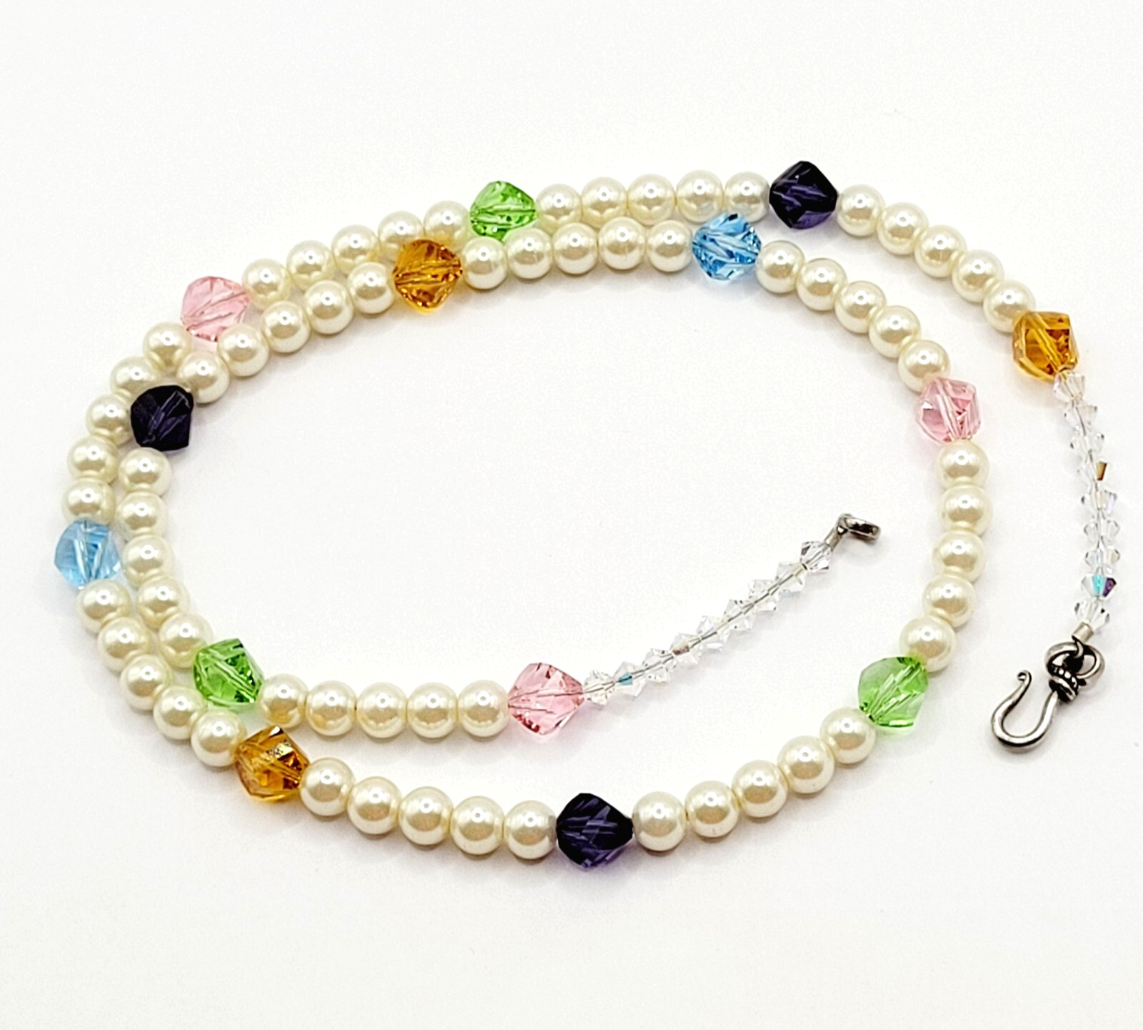 Glass Pearl with Individual Multicolored Crystal Beads Beaded Necklace 22 Inch