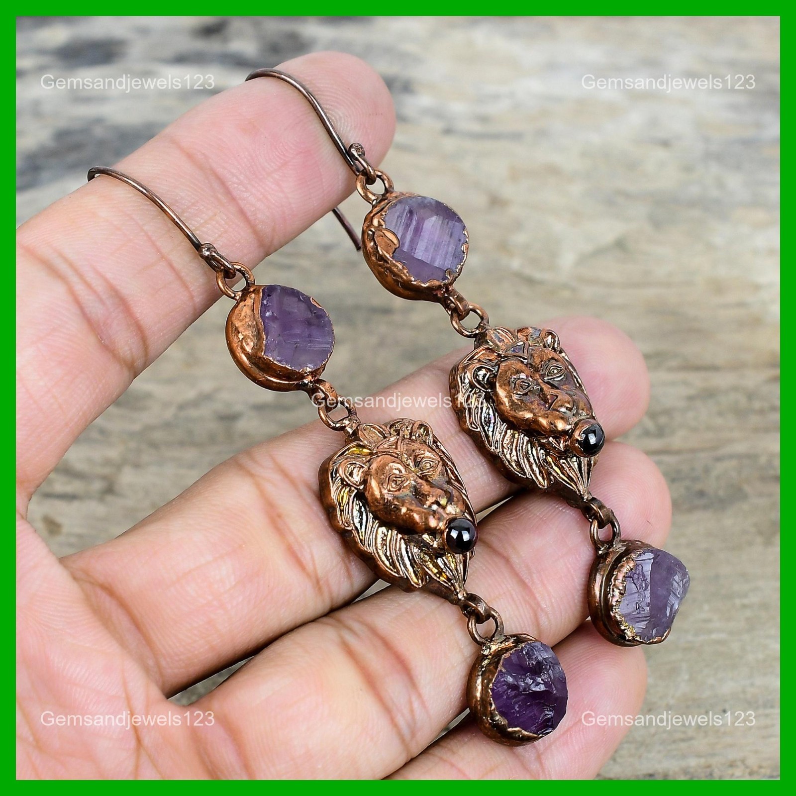 African Amethyst Rough Gemstone Earrings Electroformed Copper Lion Face Earring