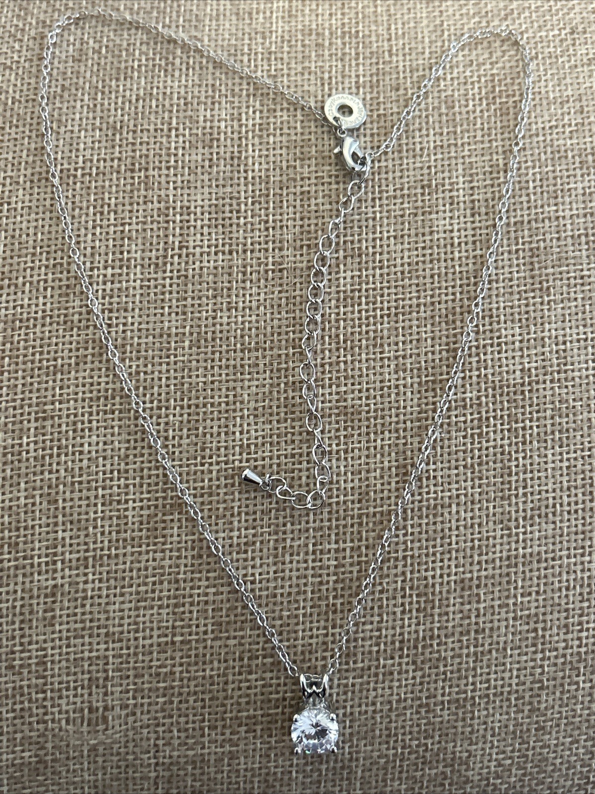 CZ by Kenneth Jay Lane Signed Classic Round Cut Pendant Silver Tone Necklace 18”
