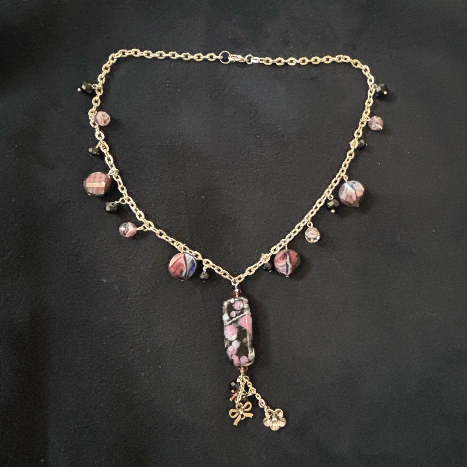 Silver Tone Necklace Purple Black Art Glass Beads Dangle Statement