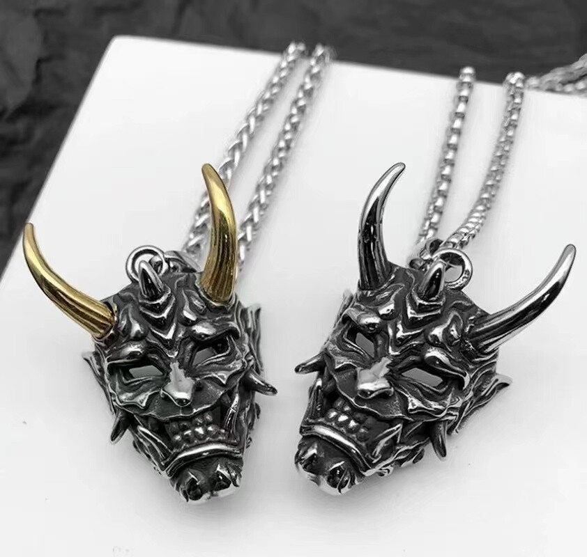 Mens Punk Silver Gold Japanese Hannya Oni Mask Pendant Necklace Box Chain 24″