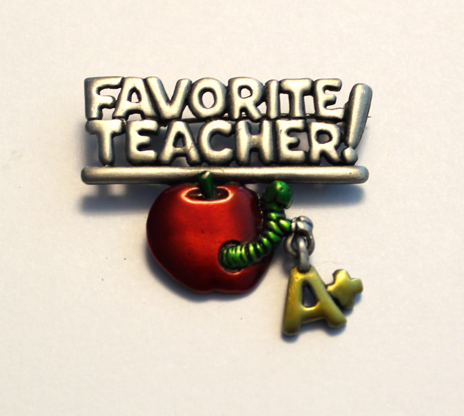 JJ Favorite Teacher Brooch Apple A+ Dangle Silver Tone 1.75″ Vintage