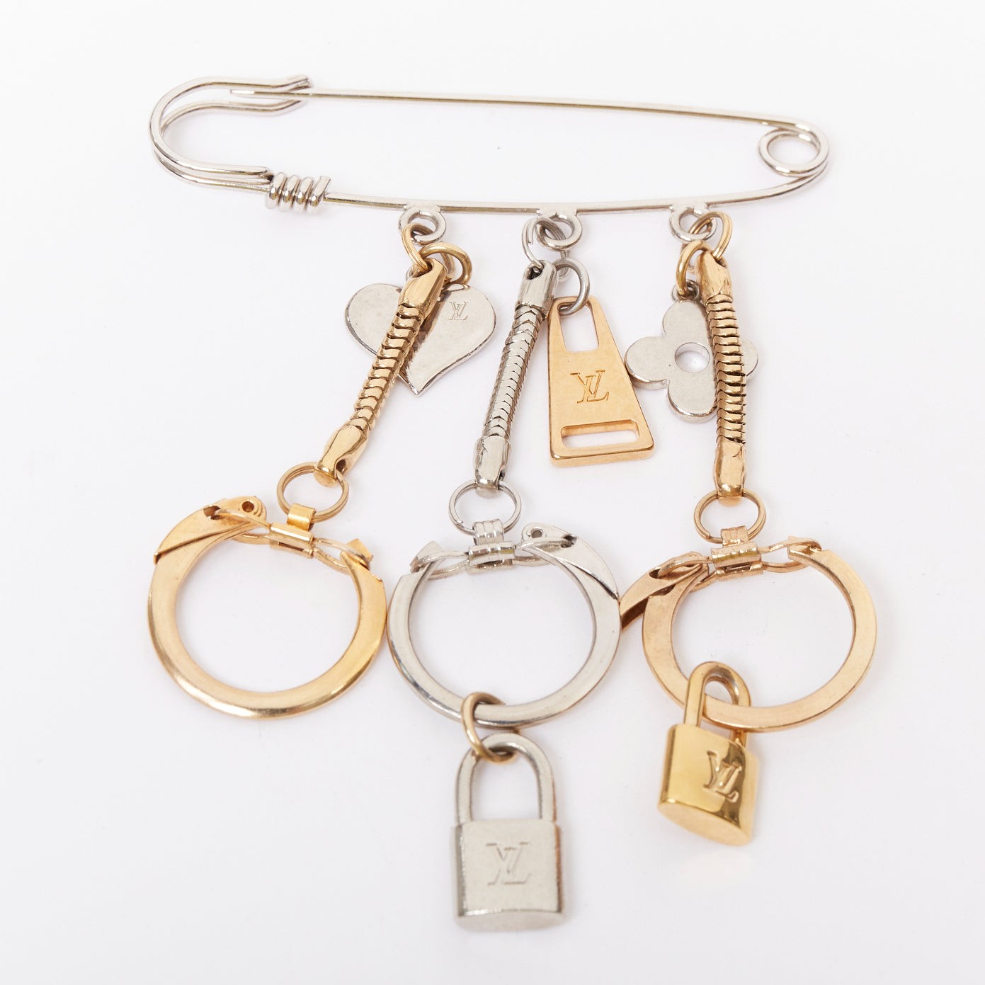 LOUIS VUITTON palladium gold plated safety pin keyring LV lock heart charms