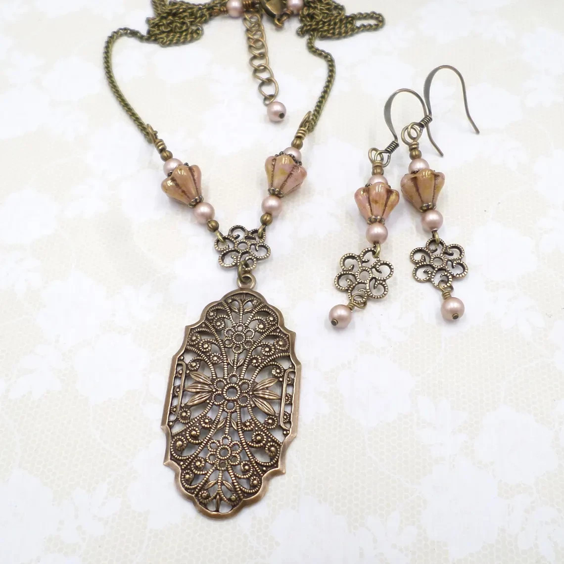 Victorian Style Brass Filigree Blush Pink Flower & Pearl Necklace Set
