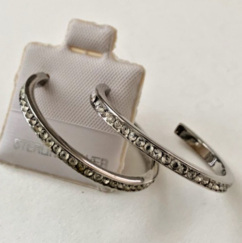Solid Sterling Silver C-Shaped Channel-Set Cubic Zirconia Stud Hoop Earrings