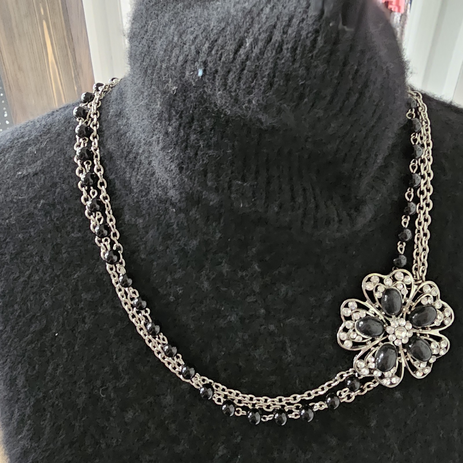 Silver Tone Black Flower Statement Necklace Layered Chain Floral Crystal Accent