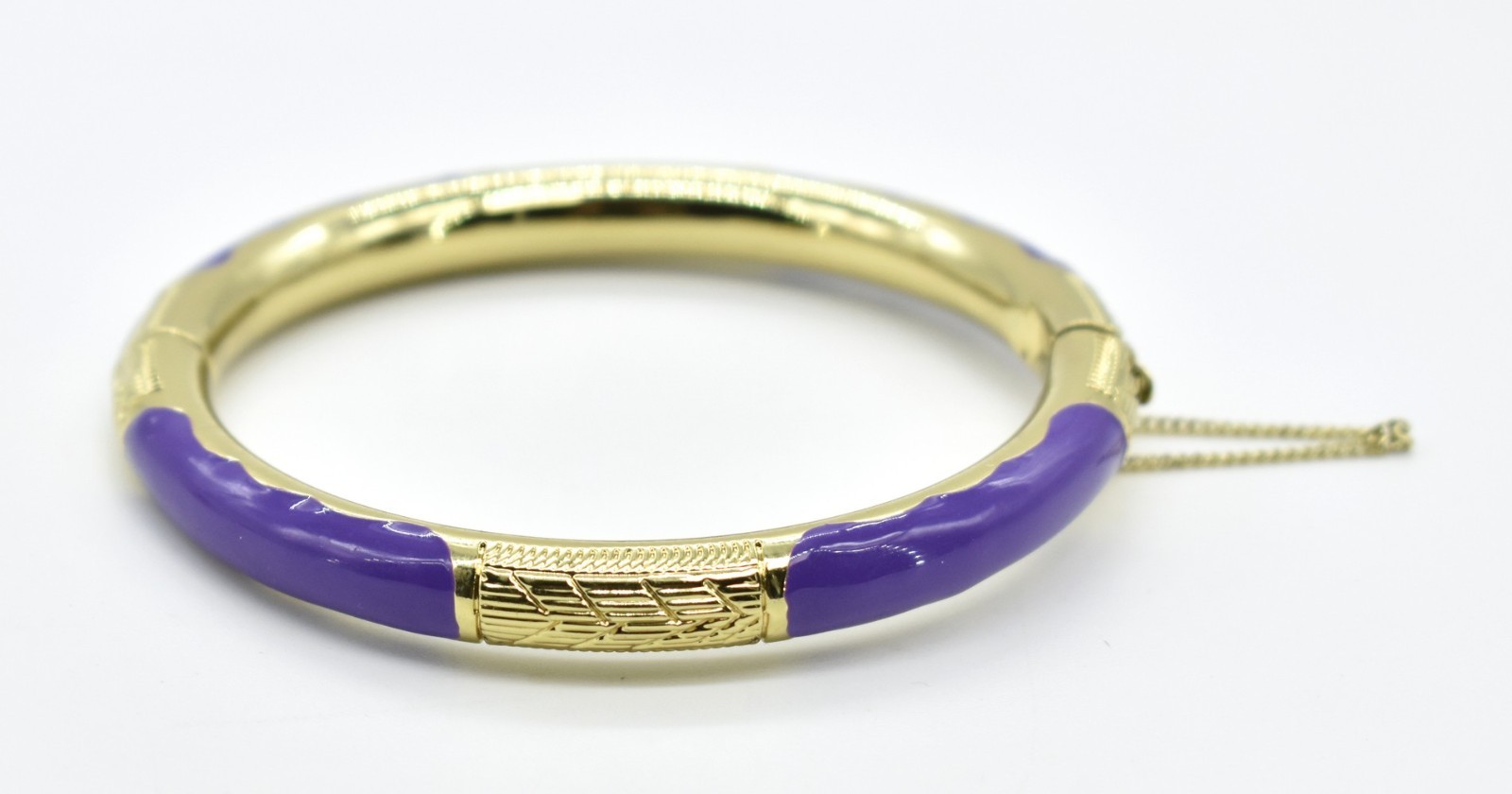 8.25″ Heavy Gold-P Purple Hinged Bangle Bracelet Safety Chain Push Button Clasp