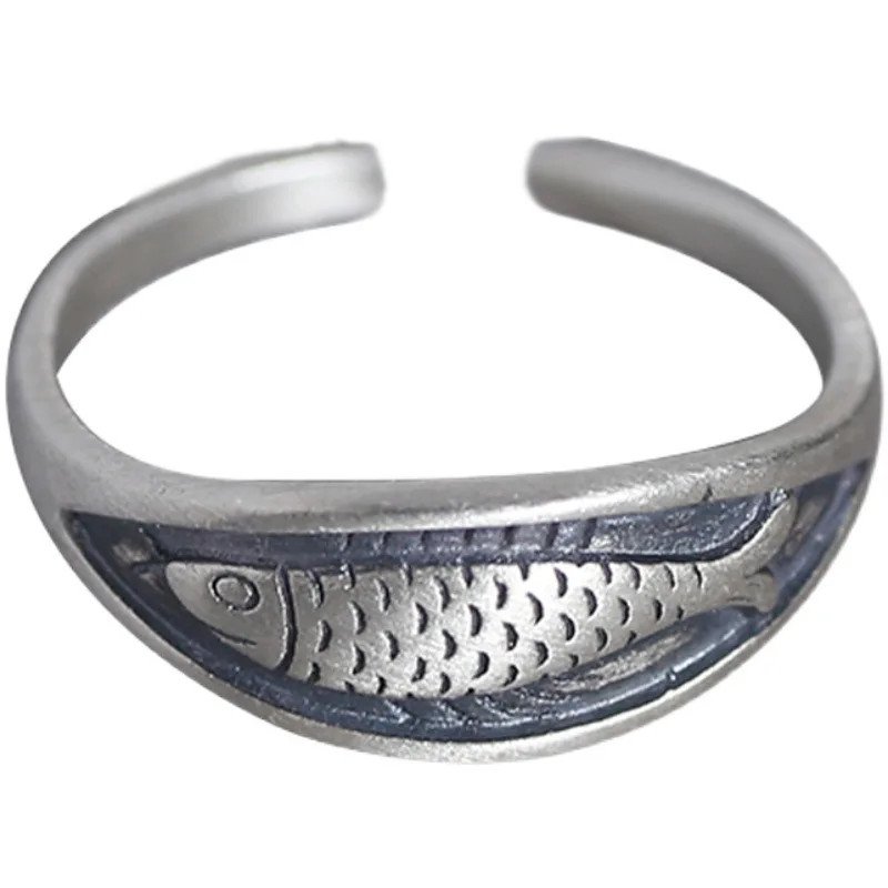 Retro Fish Ring Sterling Silver 925 Geometric Adjustable Open Cocktail Band