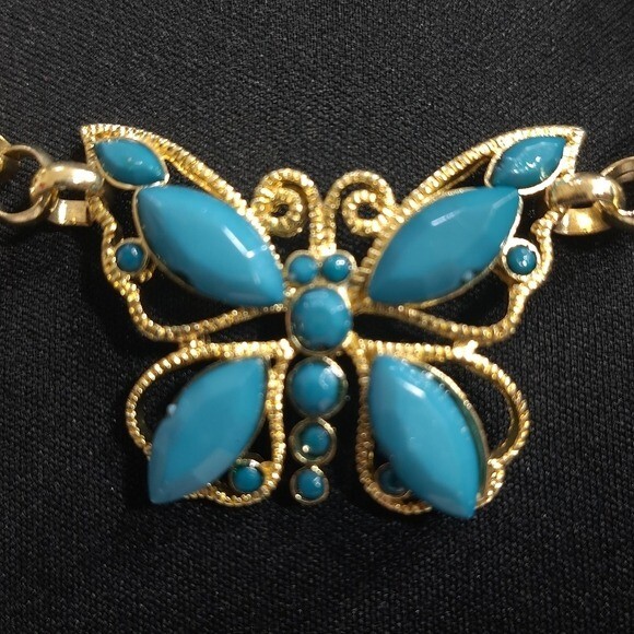 Women’s Necklace Gold Tone Turquoise Butterfly & Flower Designs 11.5 in + 3 in