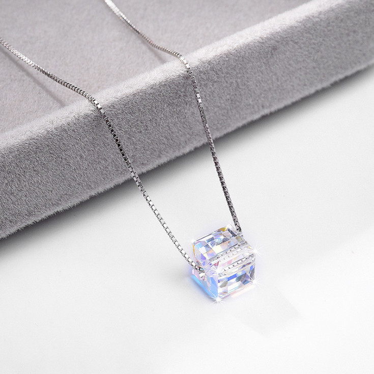 925 Sterling Silver AB Austrian Crystal Cube Square Pendant Necklace 18″ Gift A6