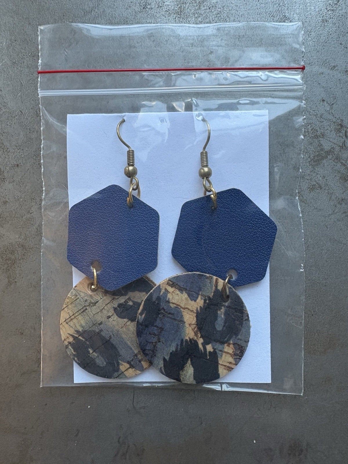 Hexagon & round blue/multicolor faux leather dangle hook earrings