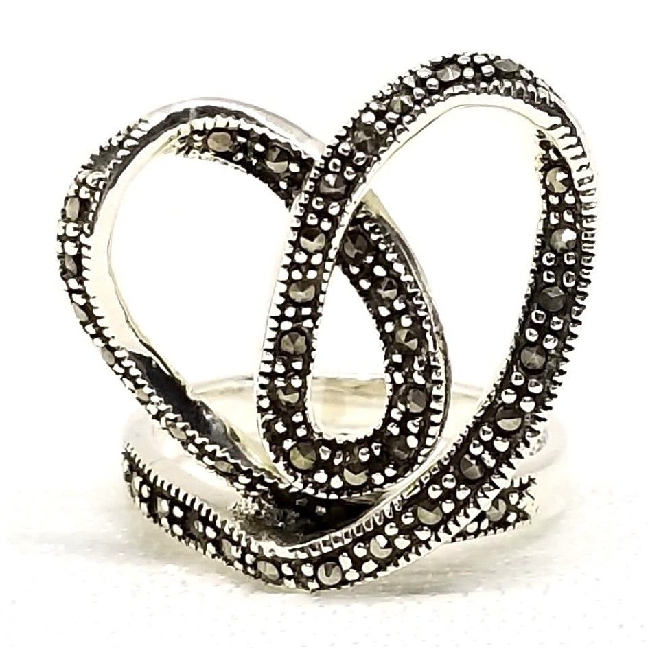 (SIZE 6,7,8,9) Looping Linear HEART RING Marcasite Stones .925 STERLING SILVER