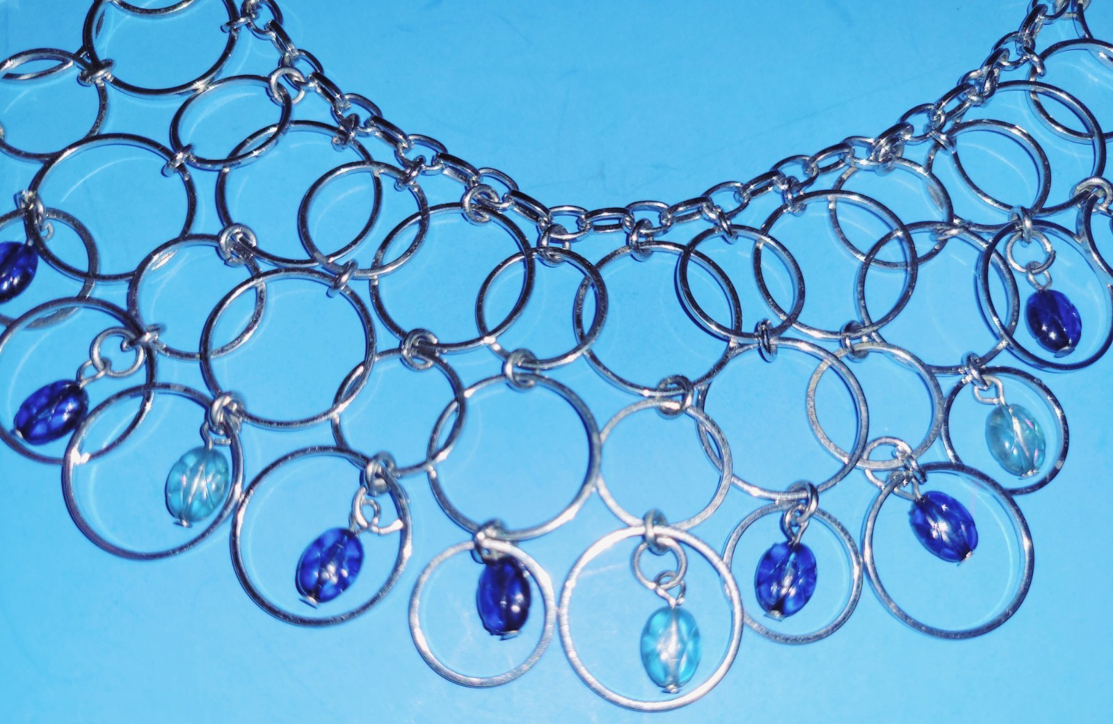 VTG Silverstone Adjustable Necklace With Blue & Aqua Marine Glass Beads