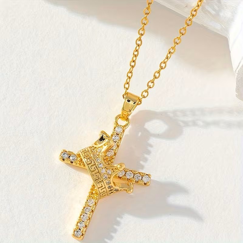 Gold Jesus Cross Crown of Thorns Pendant Necklace Bling Hip Hop Christian Gift