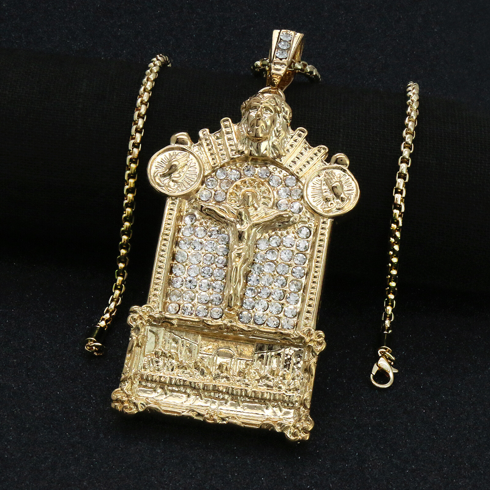 14k Gold Plated XL Last Supper Jesus Temple Pendant Cubic-Zirconia 24″ Box Chain