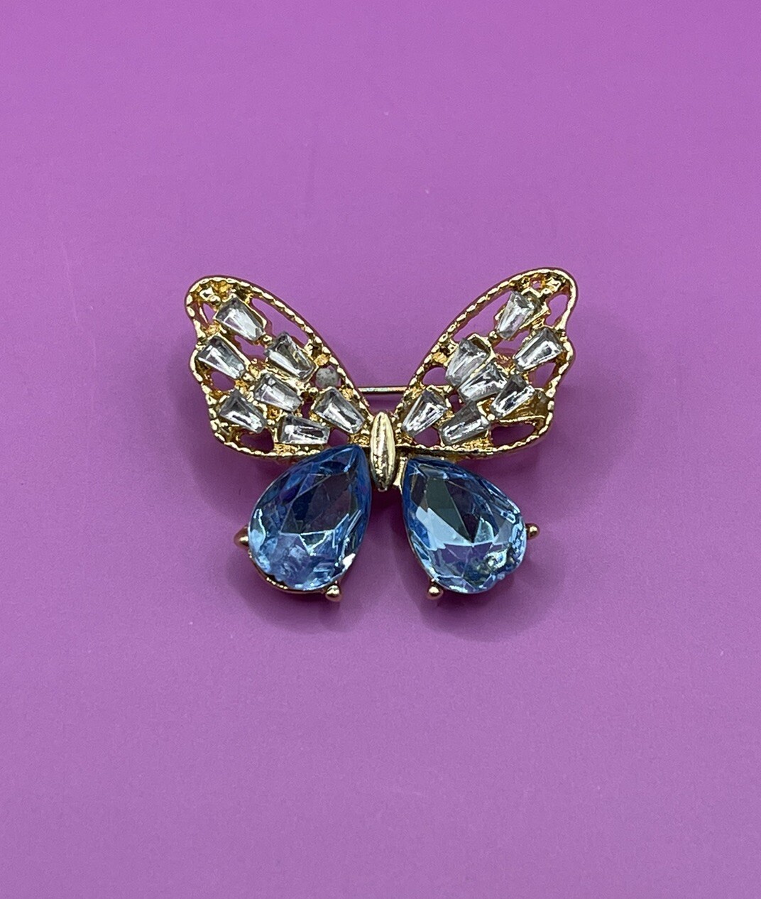 Gold Tone Sky Blue Butterfly Rhinestone Pin