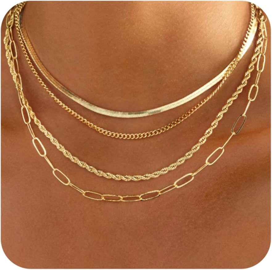 Gold/Silver Necklaces Stack for Women,14K Gold/Sterling Silver Plated Simple Lay