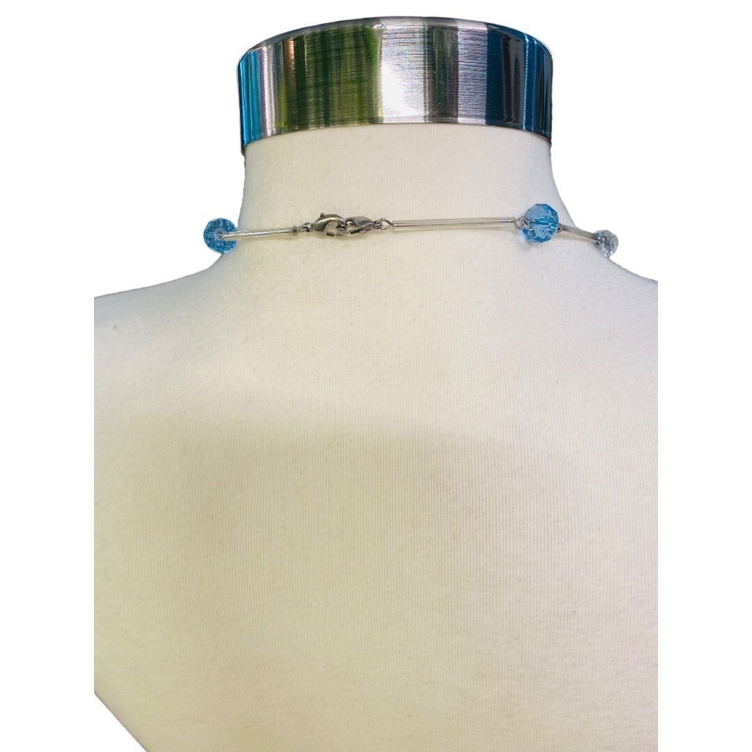 Silvertone Blue Aqua Beaded Overhead 36″ Strand String Necklace