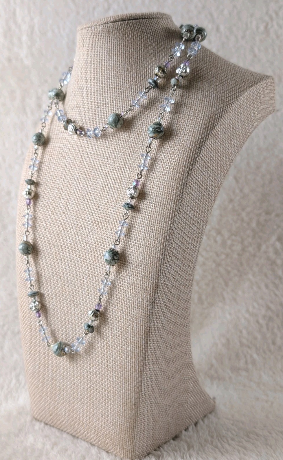 Long Beaded Necklace Blue Crystal Glass Stone Silver Tone Layering Boho