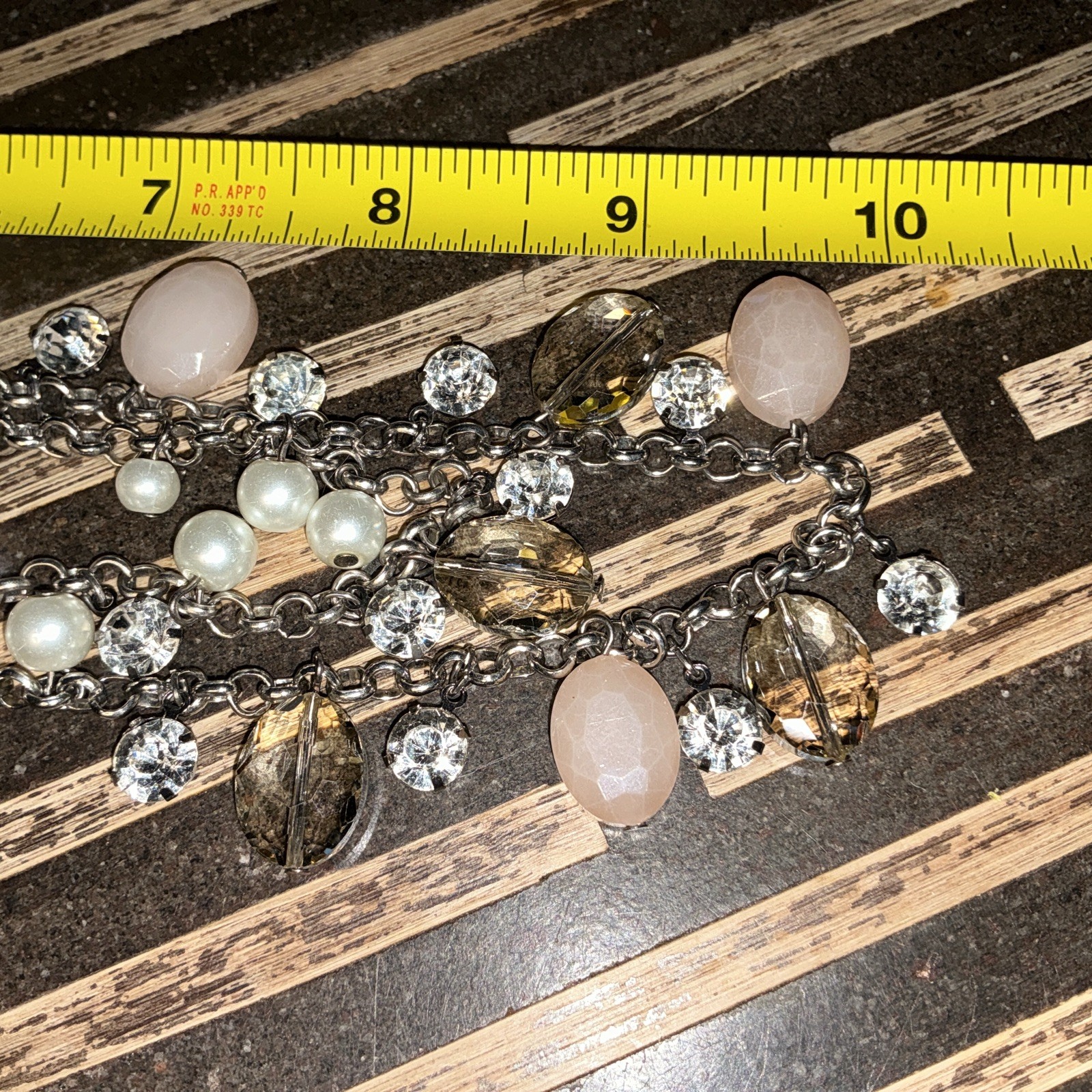 Multi Strand Gunmetal Statement Necklace Blush Beads Faux Pearls Rhinestones