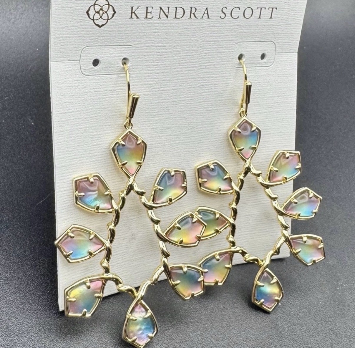 Kendra Scott Gold Statement Earrings in Iridescent Rainbow Glass | Rare/Retired