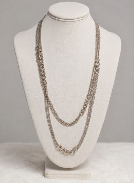White House Black Market Layered Silver Tone Multi Strand Chain Necklace WHBM
