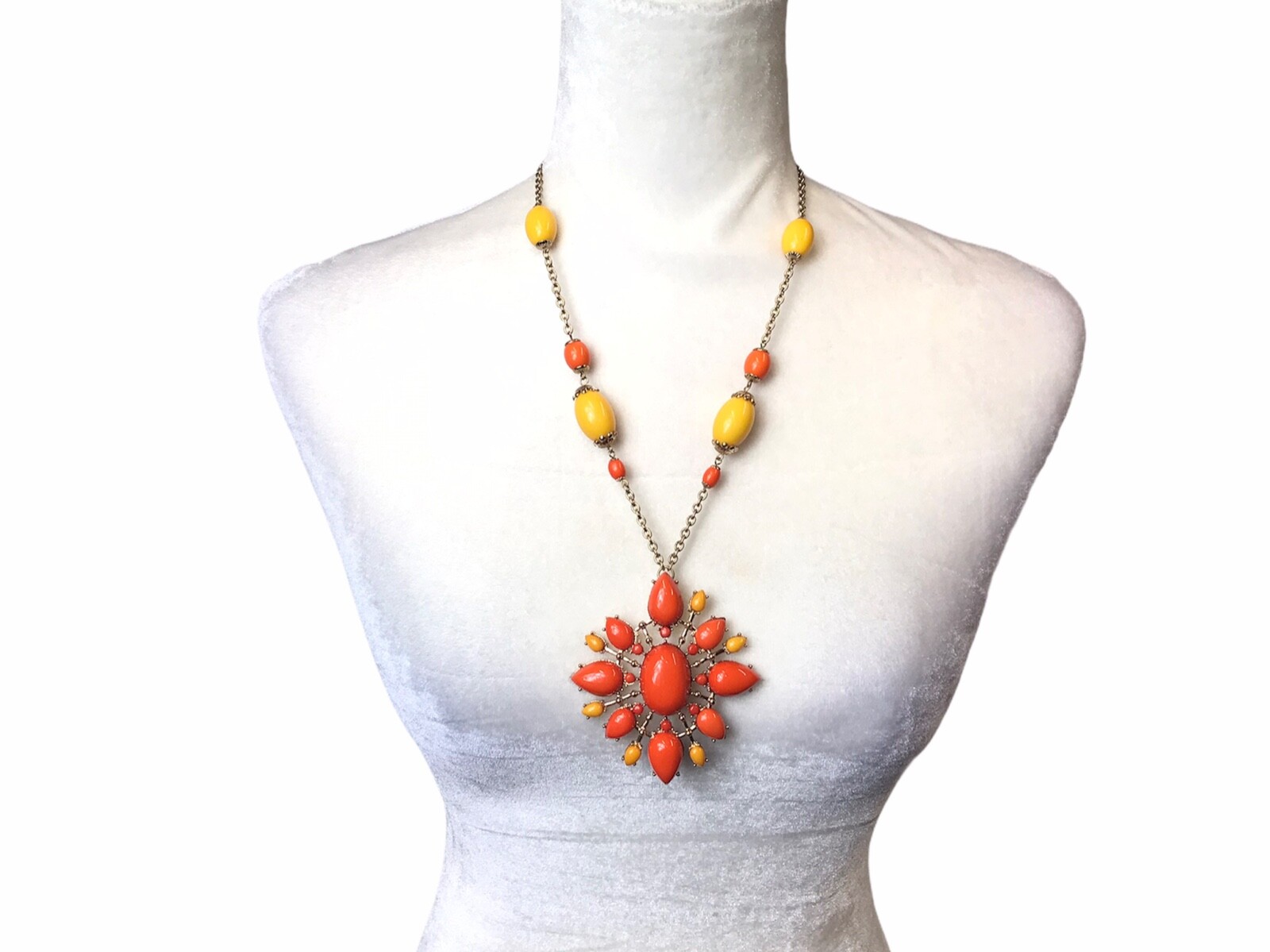 Starburst Large Statement Beaded Necklace Orange Yellow Gold Tone Adjustable