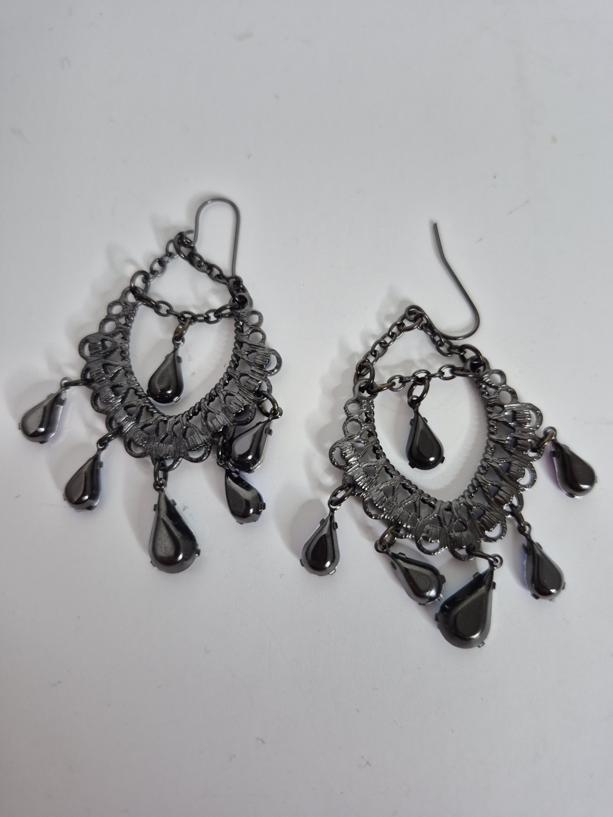 Black Metal Dangle Earrings With Blue Purple Rhinestone 2.25″