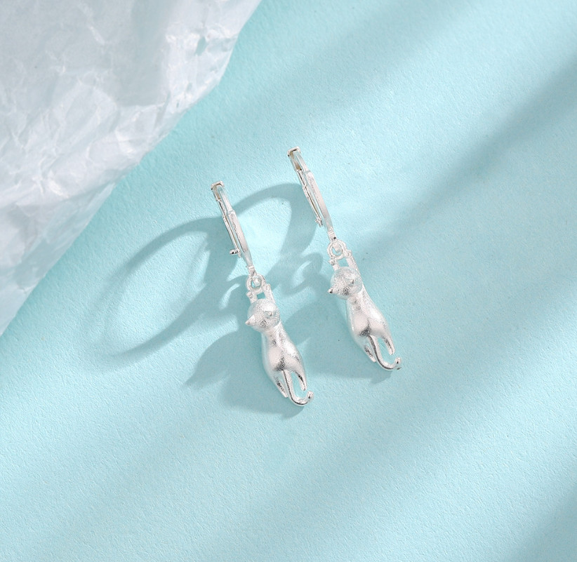 925 Silver Plated LeverBack Hoop Huggie Drop Dangle Cat French Wire Earrings S3