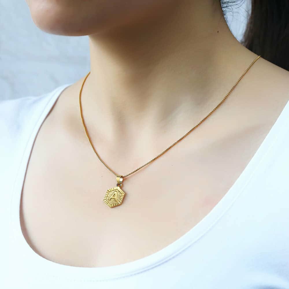 Hexagon A-Z Gold Plated 14k Initial Letter Pendant Necklace Unisex Mens Womens