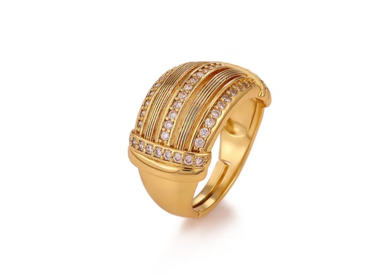 Gold Tone Wide Band Ring with Round White Cubic Zirconia Pavé Set