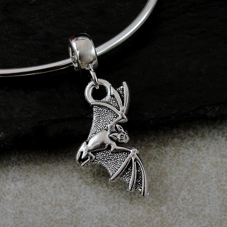 Silver Vampire Bat Dangle Charm – Halloween European Charm – Spooky Bat Charm