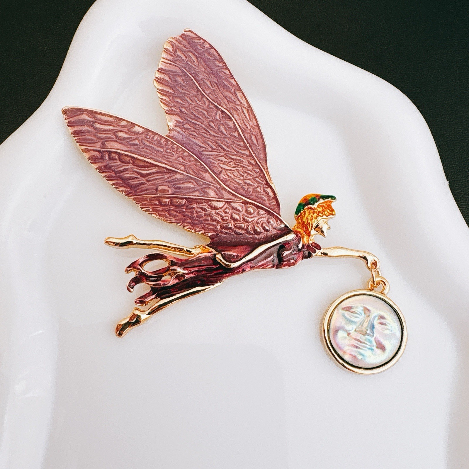 Vintage-Inspired Enamel Fairy Brooch Pendant Pink Wings Moon Star Gold Tone Pin