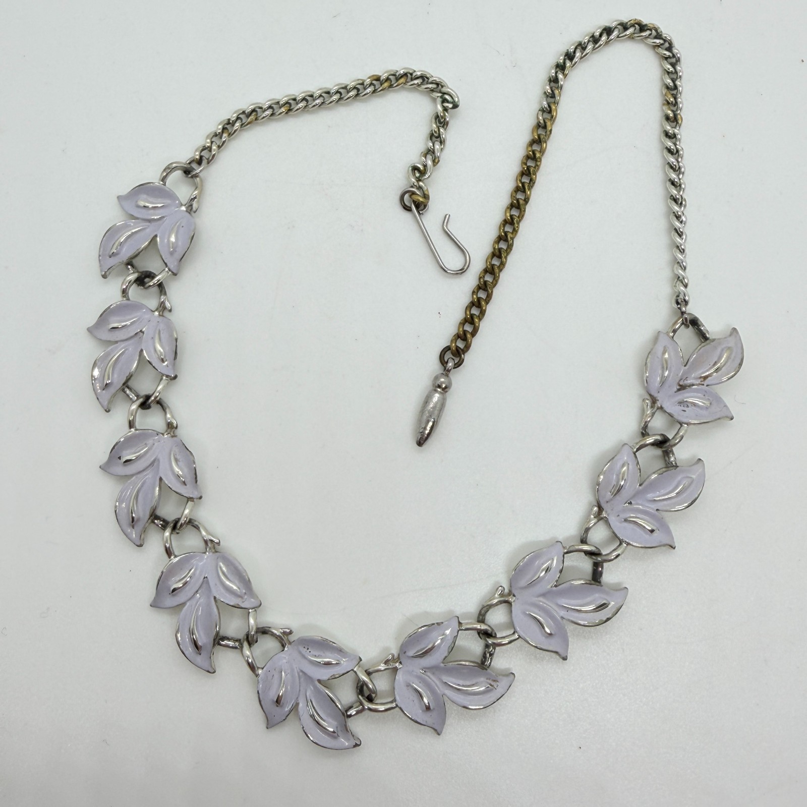 Vintage Coro Necklace, Silver Tone Leaves With Lilac Enamel