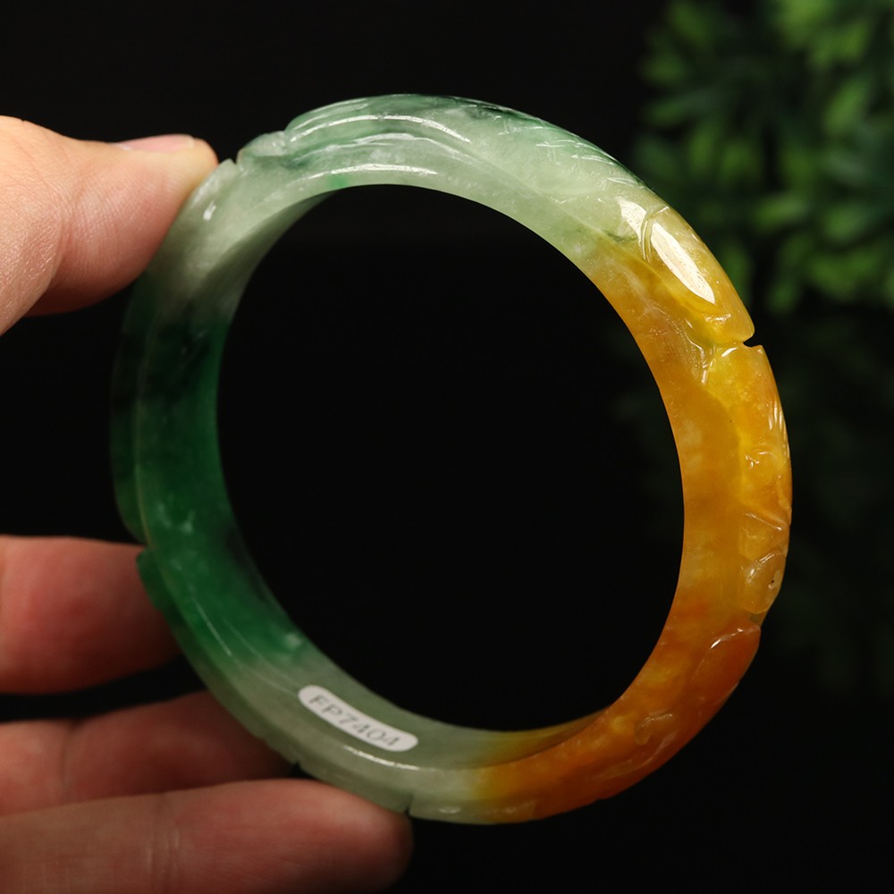 65mm White Brown Green Burma Jadeite Jade Bangle Bracelet Ruyi Fish Bat A-14861