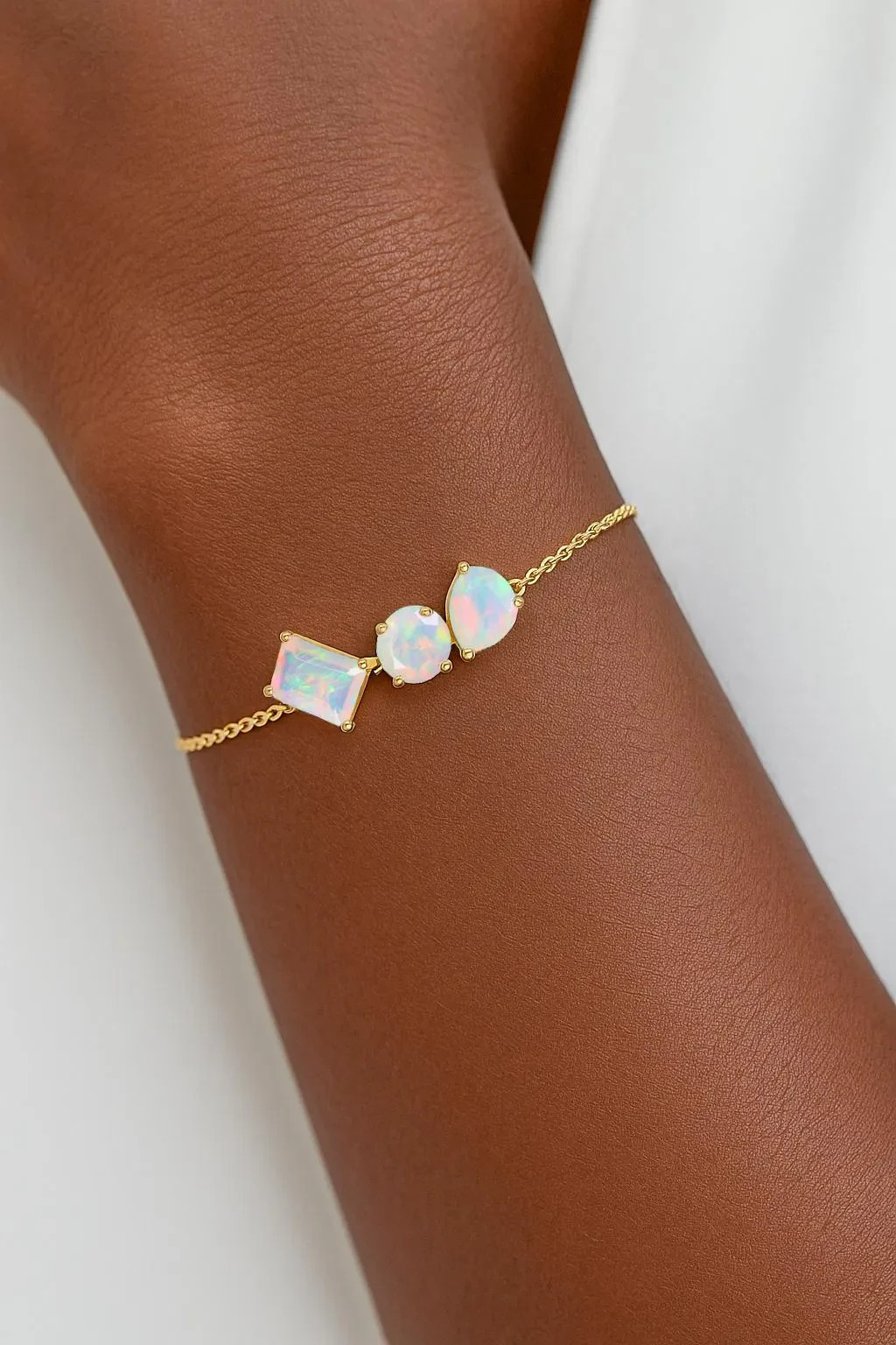Ethiopian White Three Stone Gold Chain Bracelet, 925 Sterling Silver Layering Br