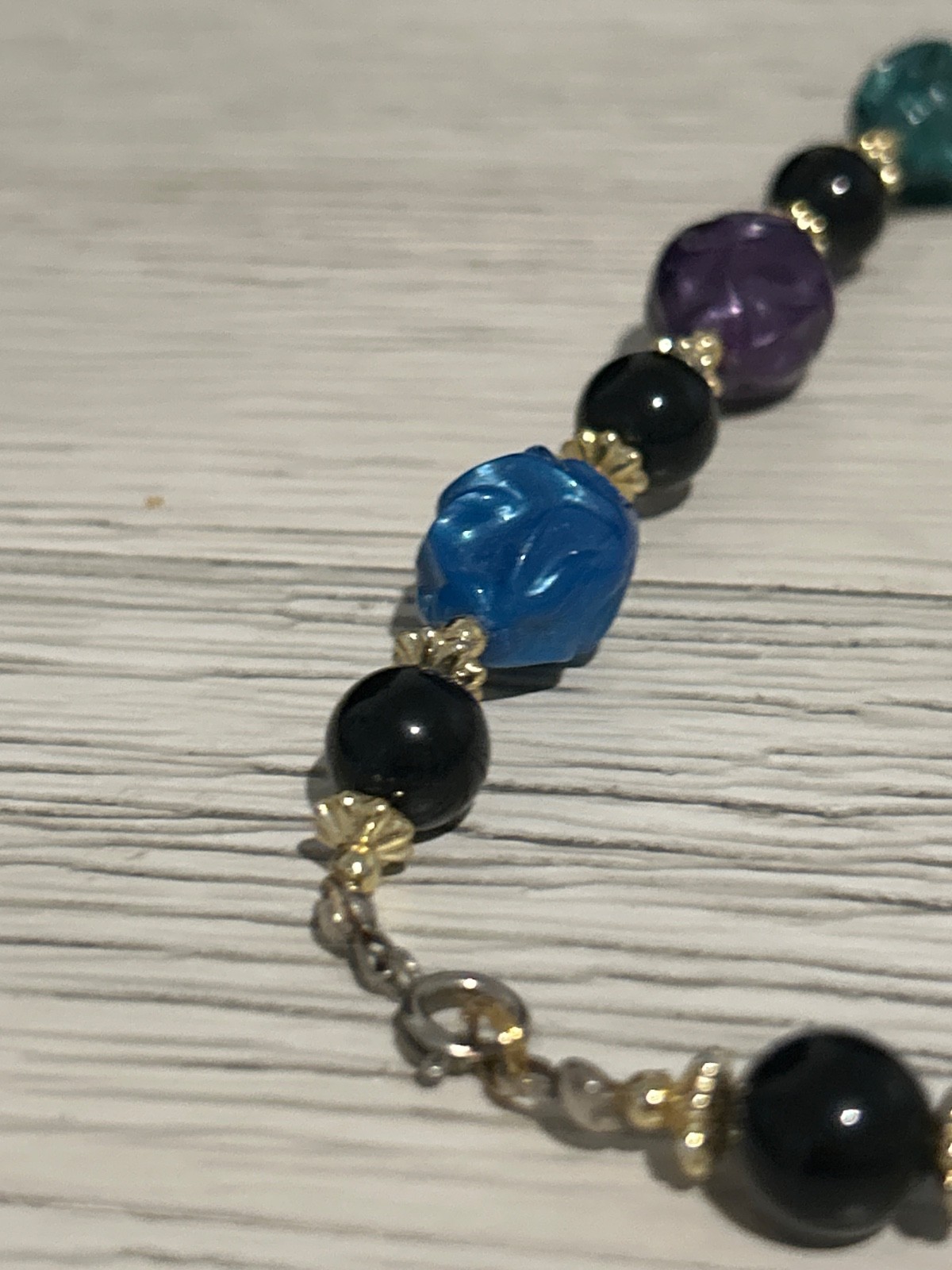 Multi Color Beaded Necklace with Gold-Tone Accents. 23” Purple Blue Green Black