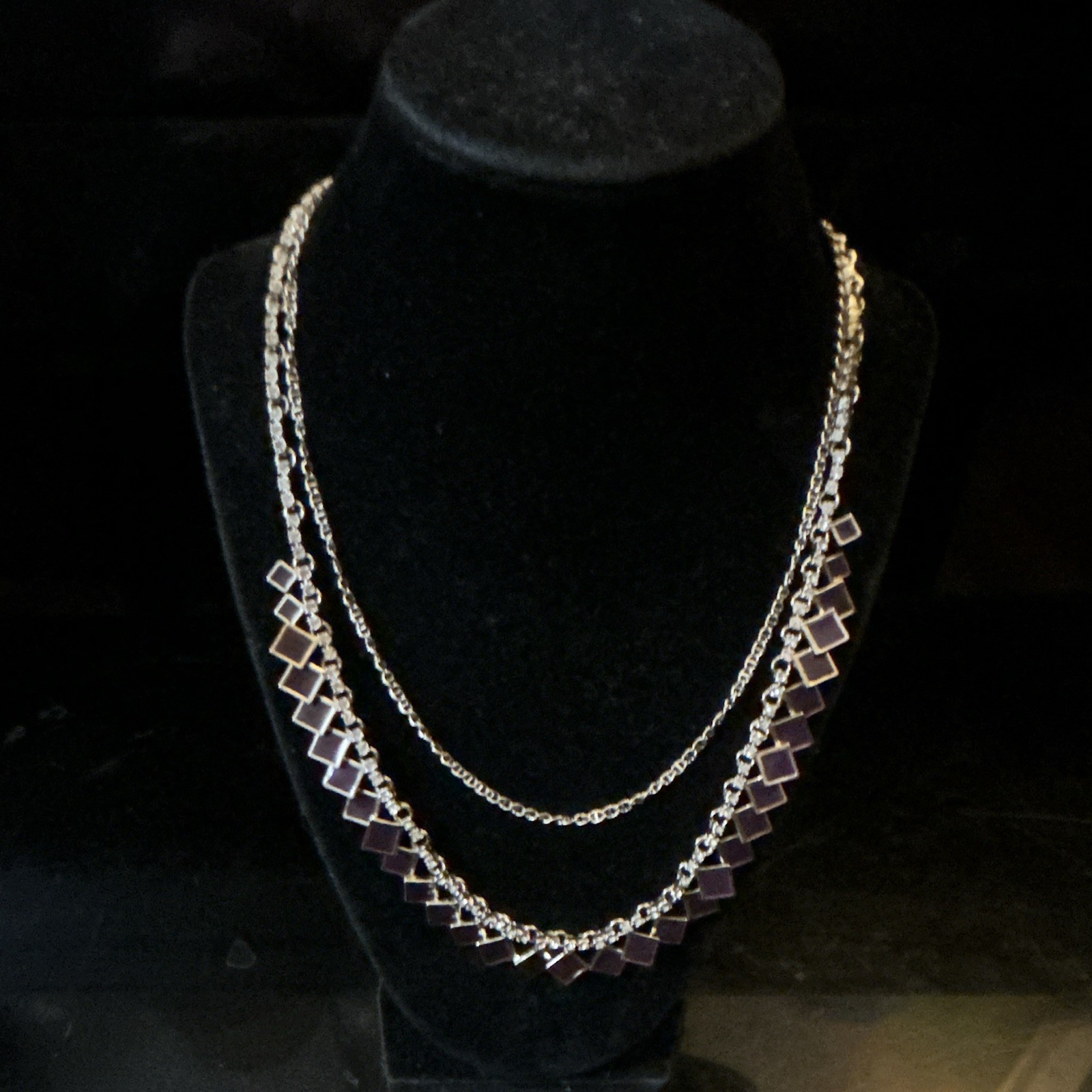 Ann Taylor Silver Tone Layered Cable Chain Necklace Purple Geometric Signed