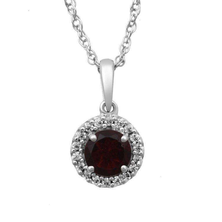 Sterling Silver Garnet and Cubic Zirconia Halo Pendant 18″ Necklace January